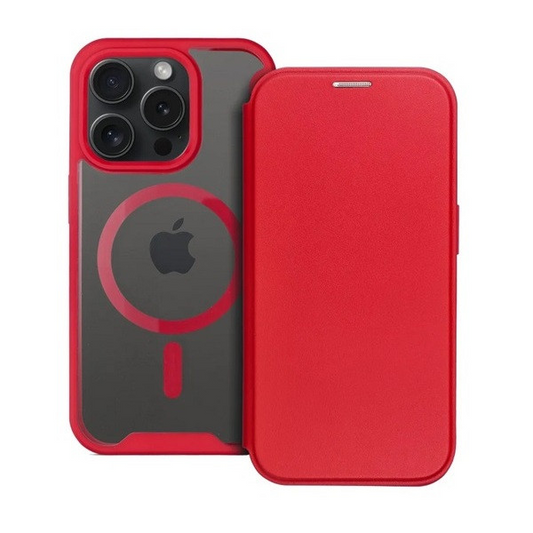 Apple iPhone 15 Pro Max, Oldalra nyíló tok, kártyatartóval, átlátszó hátlap, Magsafe kompatibilis, Smart Mag, piros (RS157709)